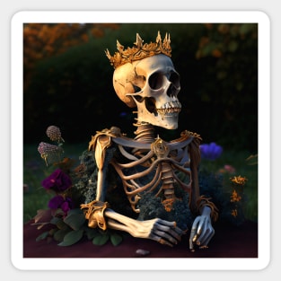 Skeleton in garden with golden crown happy Sticker